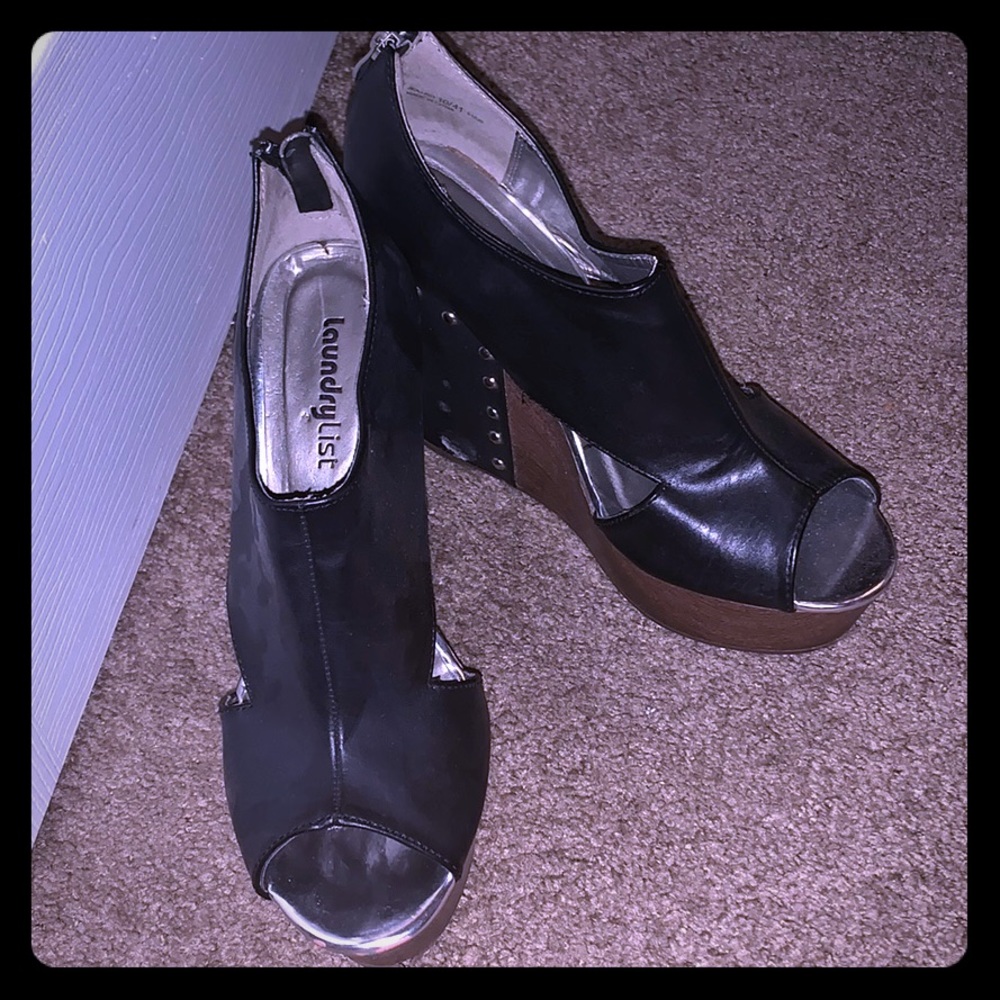 Wedge black leather heels